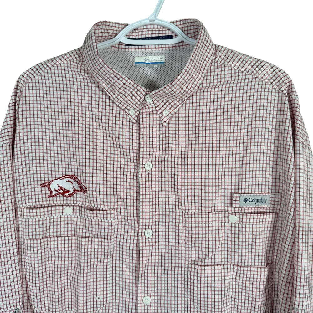Columbia PFG Super Tamiami Arkansas Razorbacks Shirt Mens XXL Red Check read‎